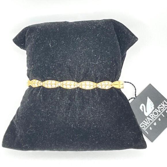 Swarovski Signed Gold Tone Pave Crystal Hinged Bangle Bracelet NWT 7" - Picture 1 of 12